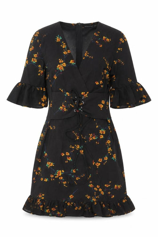 Front view of PRETTYLITTLETHING women’s black floral polyester mini, size UK 4, v-neck zip