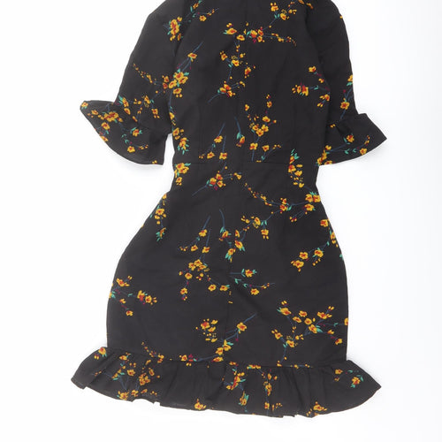 PRETTYLITTLETHING Womens Black Floral Polyester Mini Size 4 V-Neck Zip