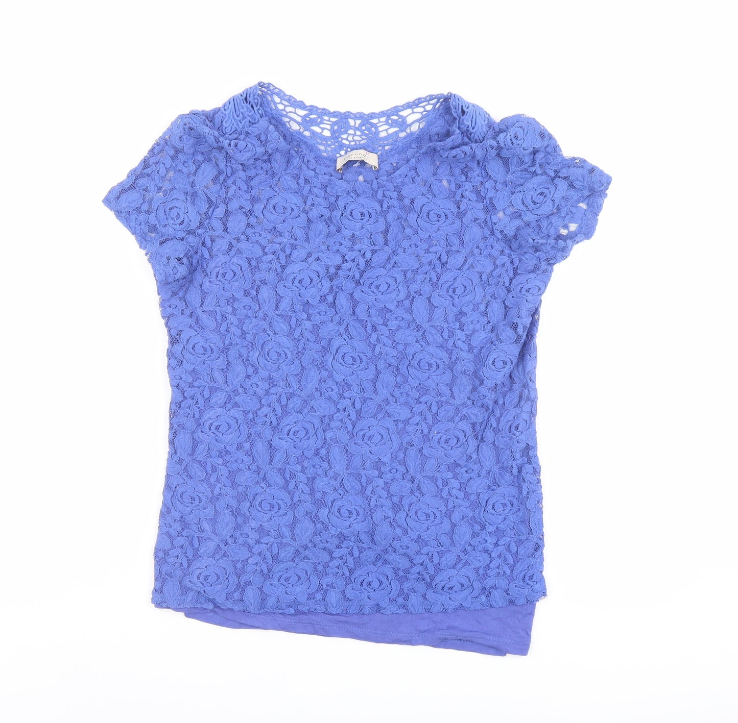 Per Una Womens Blue Floral Viscose Basic Blouse Size 14 Round Neck - Lace Overlay