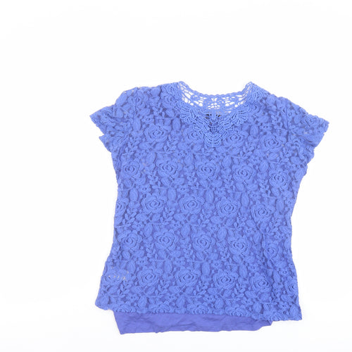 Per Una Womens Blue Floral Viscose Basic Blouse Size 14 Round Neck - Lace Overlay