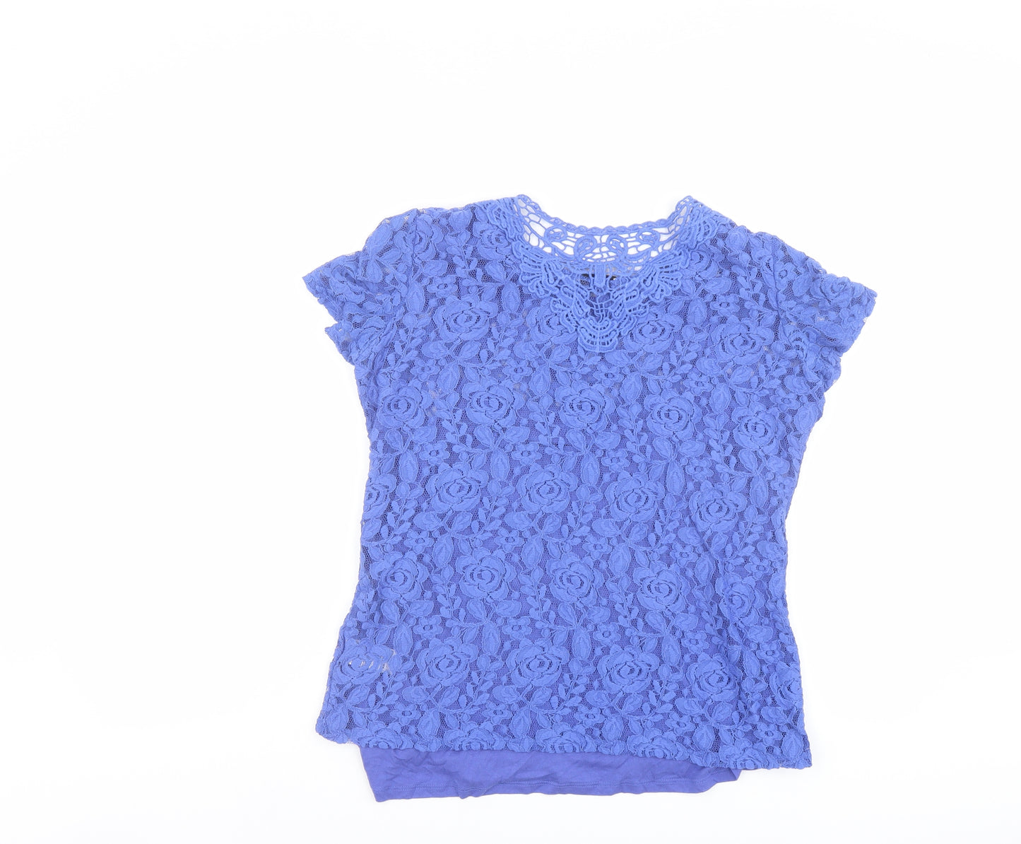 Per Una Womens Blue Floral Viscose Basic Blouse Size 14 Round Neck - Lace Overlay