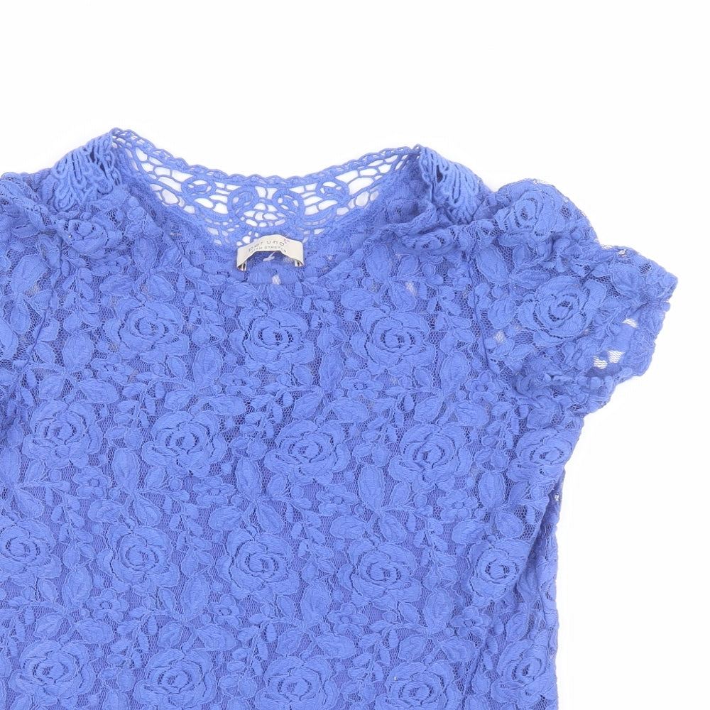 Per Una Womens Blue Floral Viscose Basic Blouse Size 14 Round Neck - Lace Overlay