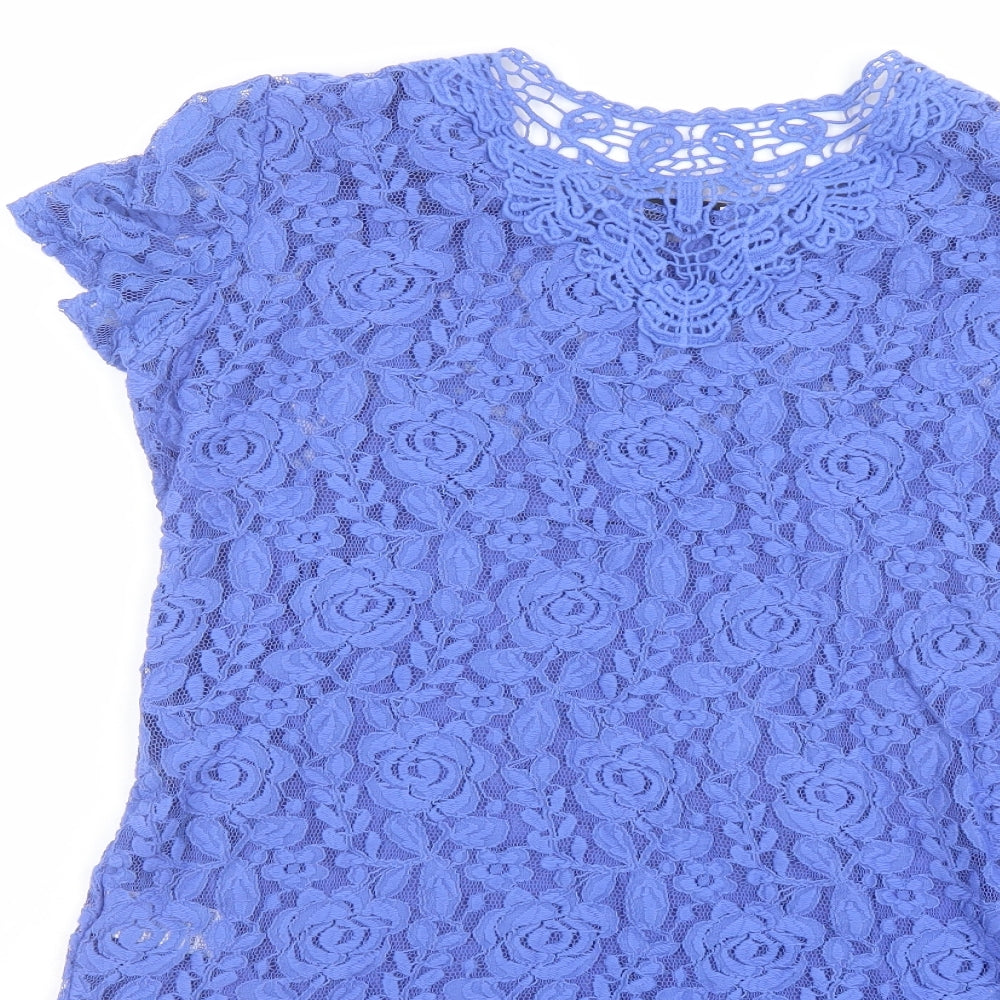 Per Una Womens Blue Floral Viscose Basic Blouse Size 14 Round Neck - Lace Overlay