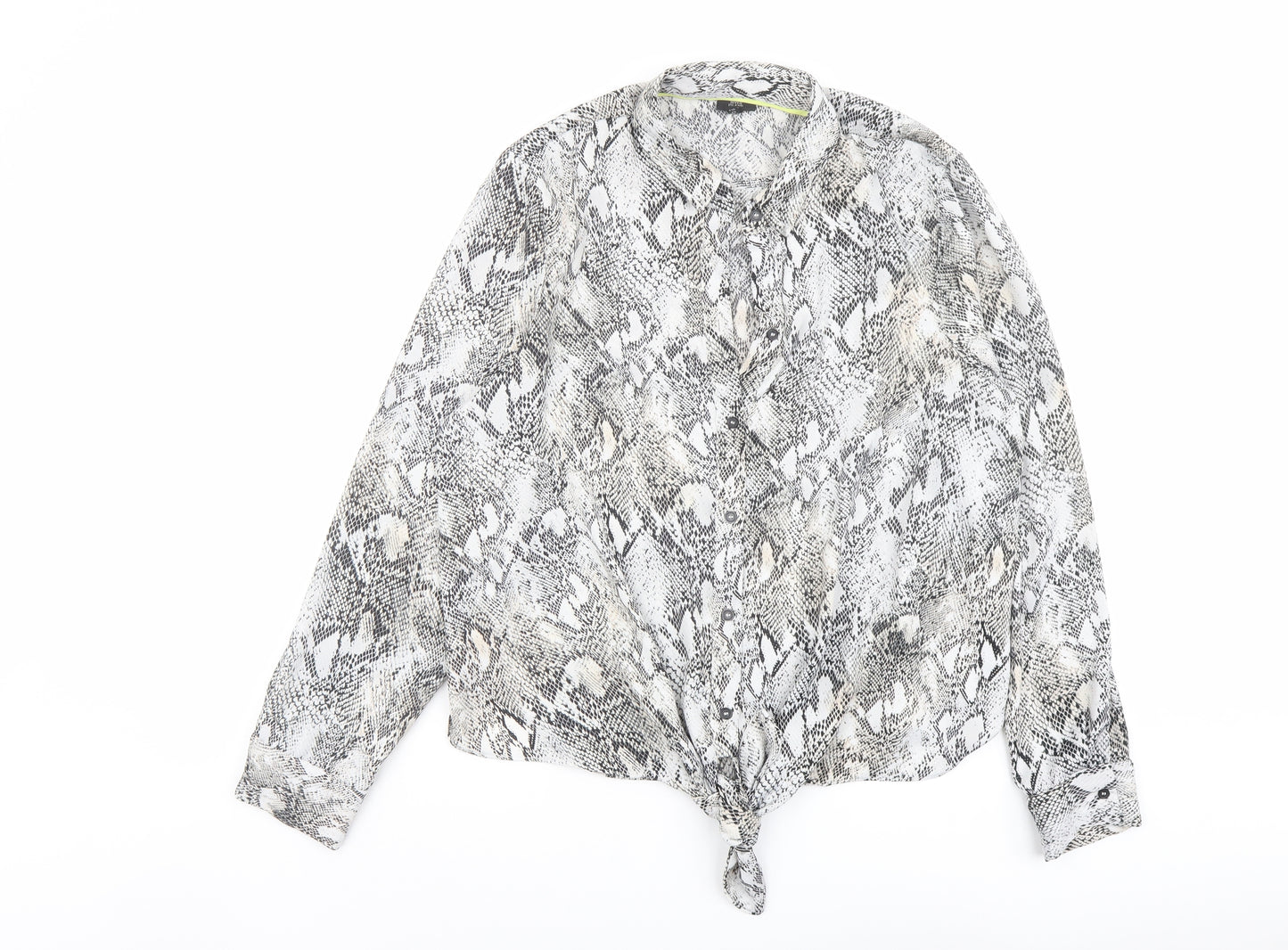 River Island Womens Grey Animal Print Polyester Basic Button-Up Size 16 Collared - Snakeskin Pattern Knot Front