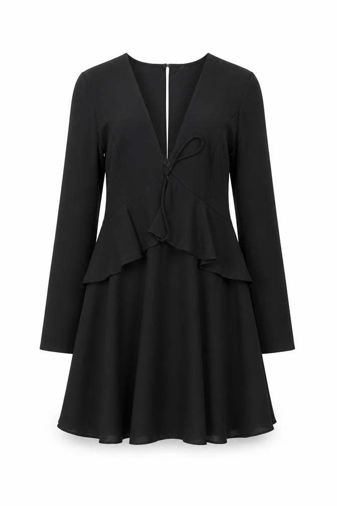 Front view of ASOS women’s black polyester trapeze & swing, size UK 10, v-neck button