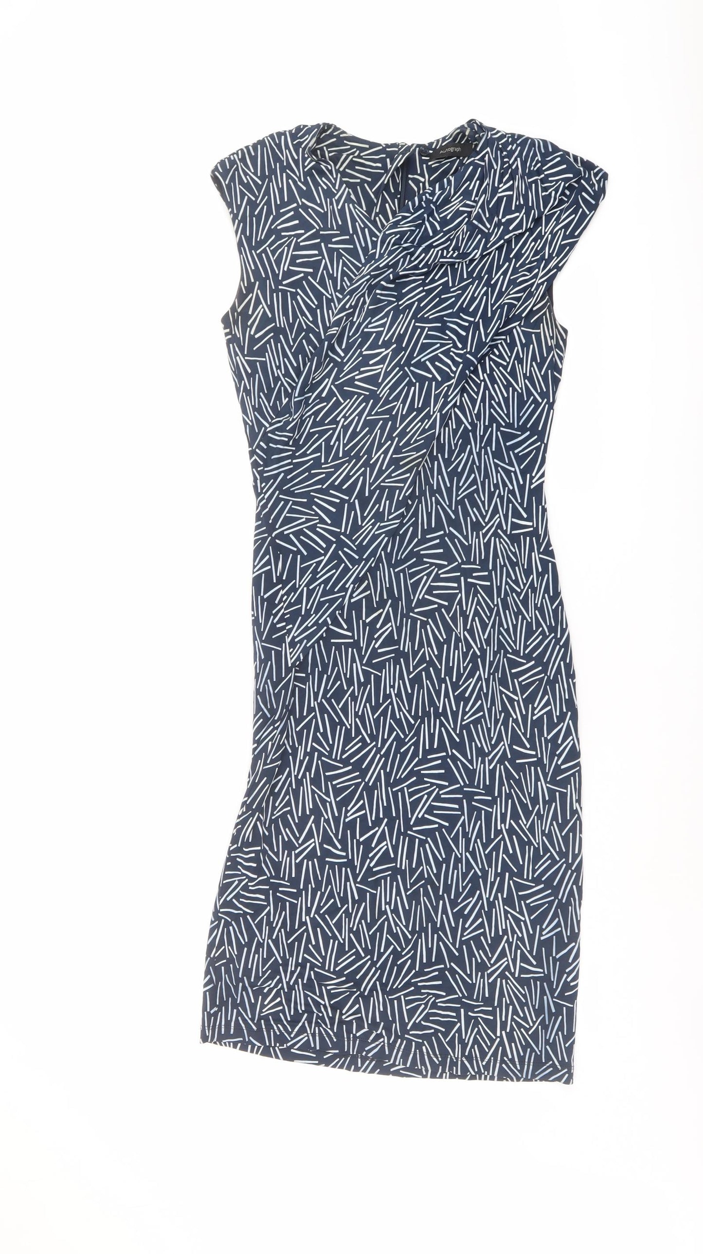 Autograph Womens Blue Geometric Viscose Shift Size 8 V-Neck Zip