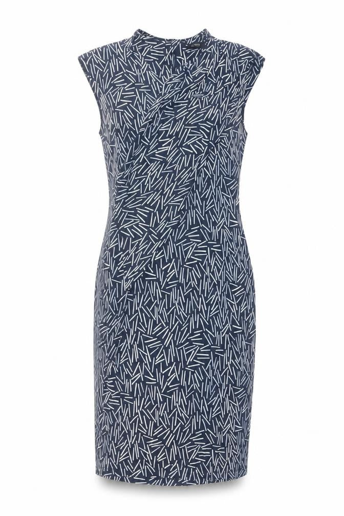 Front view of Autograph women’s blue geometric viscose shift, size UK 8, v-neck zip