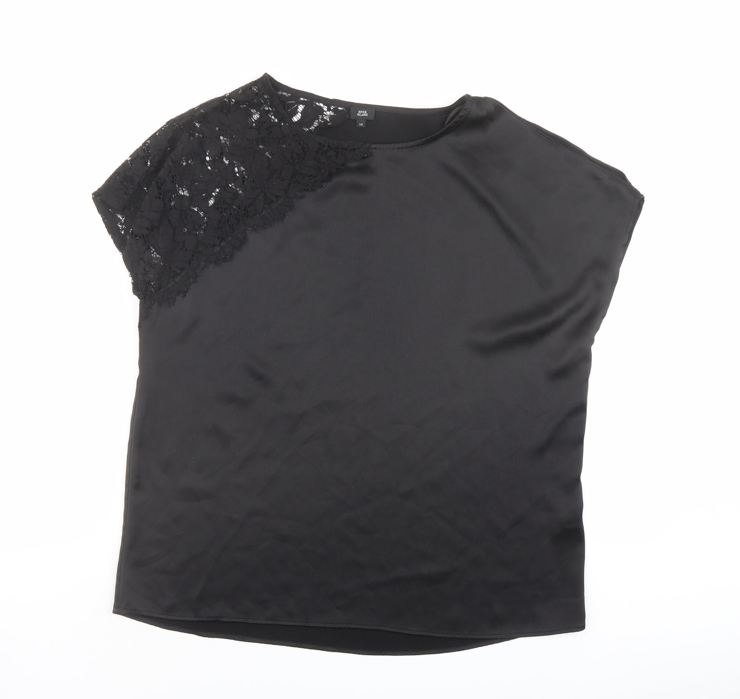 River Island Womens Black Polyamide Basic Blouse Size 14 Round Neck - Lace Detail