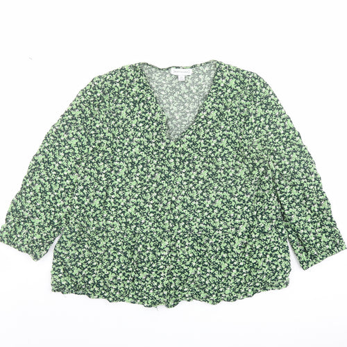 Warehouse Womens Green Floral Viscose Basic Blouse Size 14 V-Neck