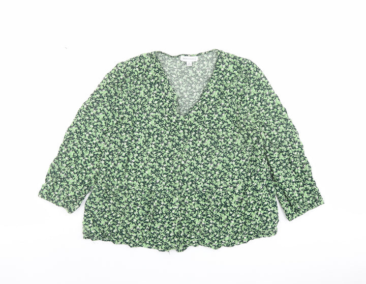 Warehouse Womens Green Floral Viscose Basic Blouse Size 14 V-Neck