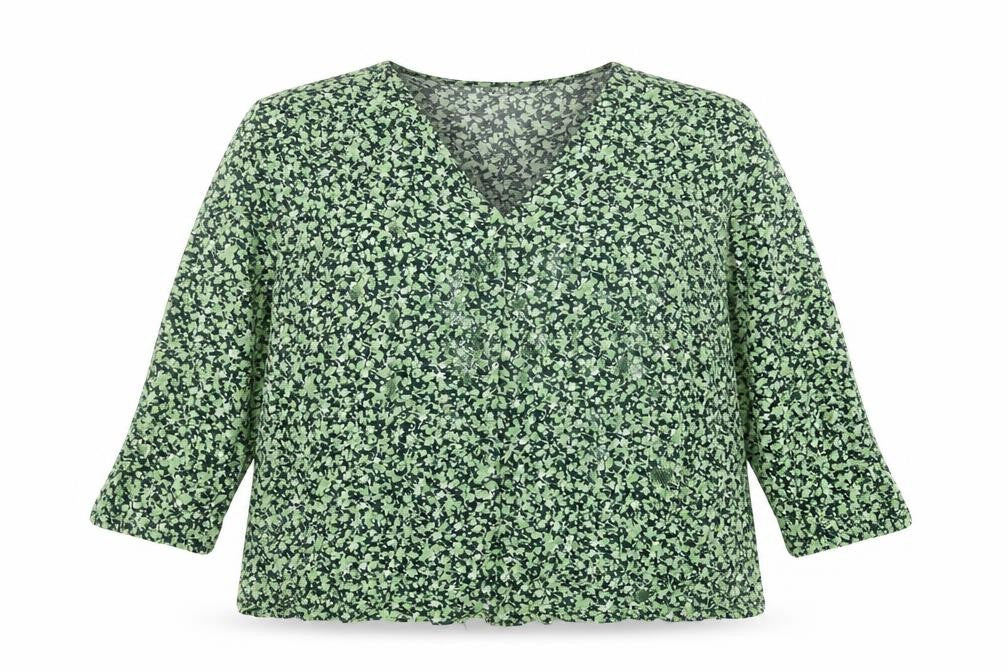 Front view of Warehouse women’s green floral viscose basic blouse, size UK 14, v-neck