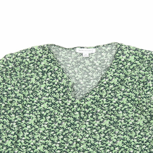 Warehouse Womens Green Floral Viscose Basic Blouse Size 14 V-Neck