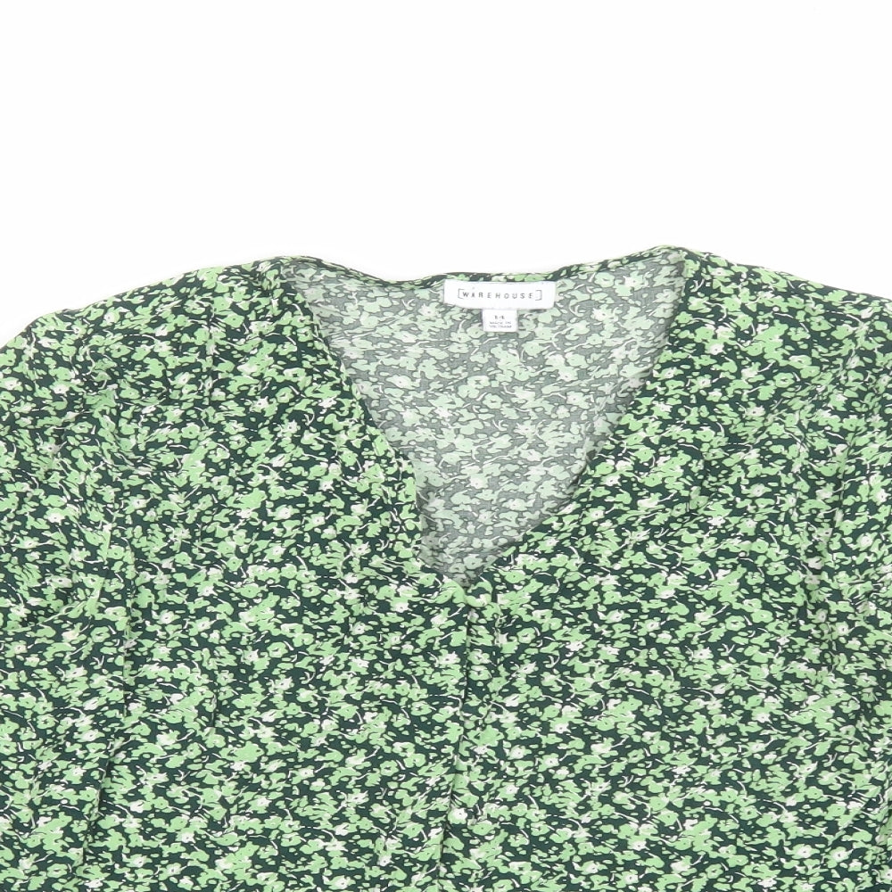Warehouse Womens Green Floral Viscose Basic Blouse Size 14 V-Neck