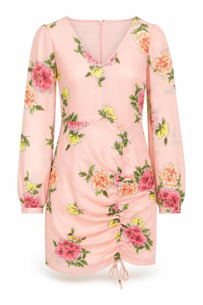 Front view of Miss Selfridge women’s pink floral polyester mini, size UK 8, v-neck zip