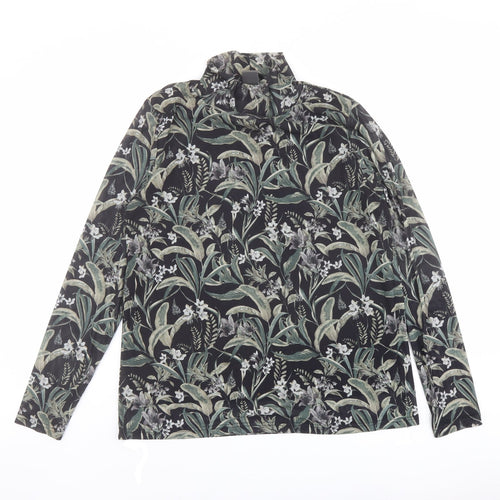 ICHI Womens Black Floral Polyester Basic T-Shirt Size L High Neck