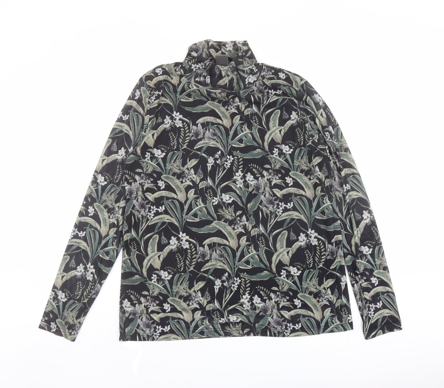 ICHI Womens Black Floral Polyester Basic T-Shirt Size L High Neck