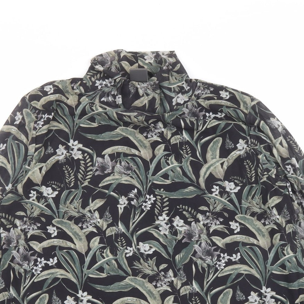 ICHI Womens Black Floral Polyester Basic T-Shirt Size L High Neck