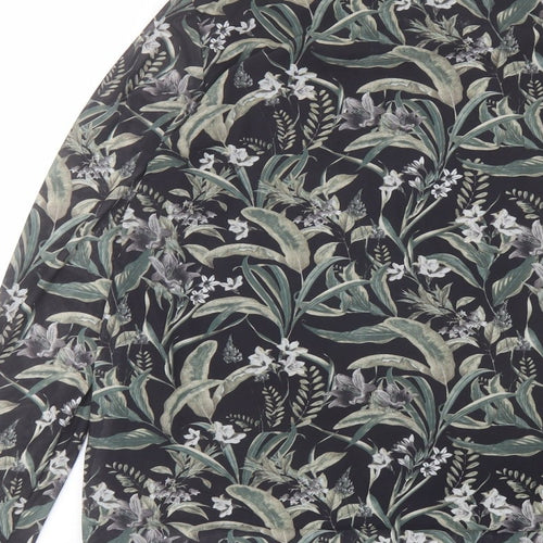 ICHI Womens Black Floral Polyester Basic T-Shirt Size L High Neck