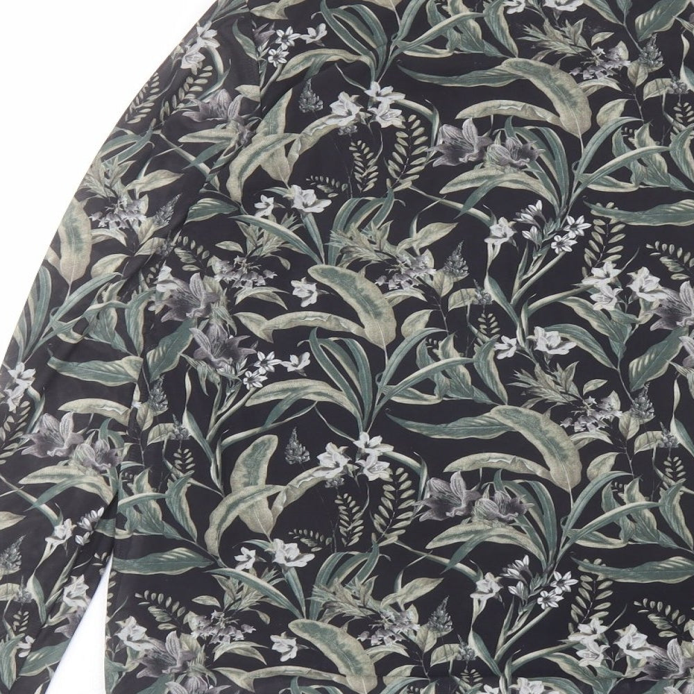 ICHI Womens Black Floral Polyester Basic T-Shirt Size L High Neck
