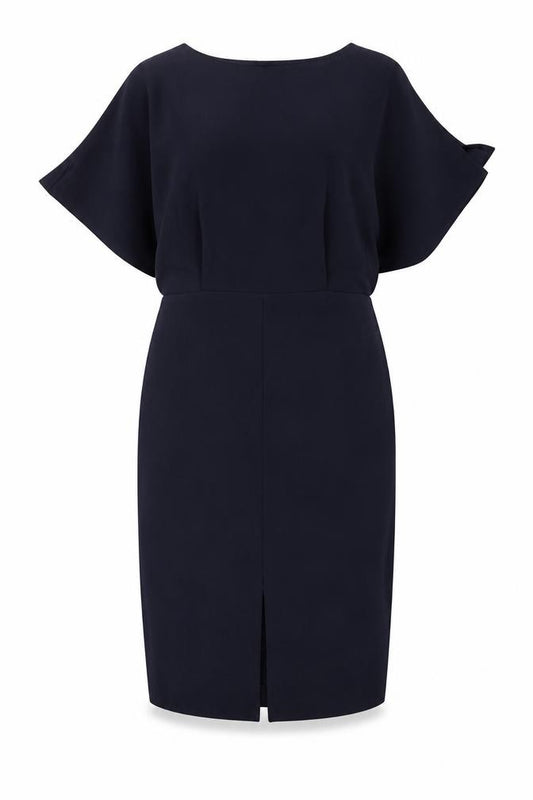Front view of Mango women’s blue polyester shift, size M, round neck button