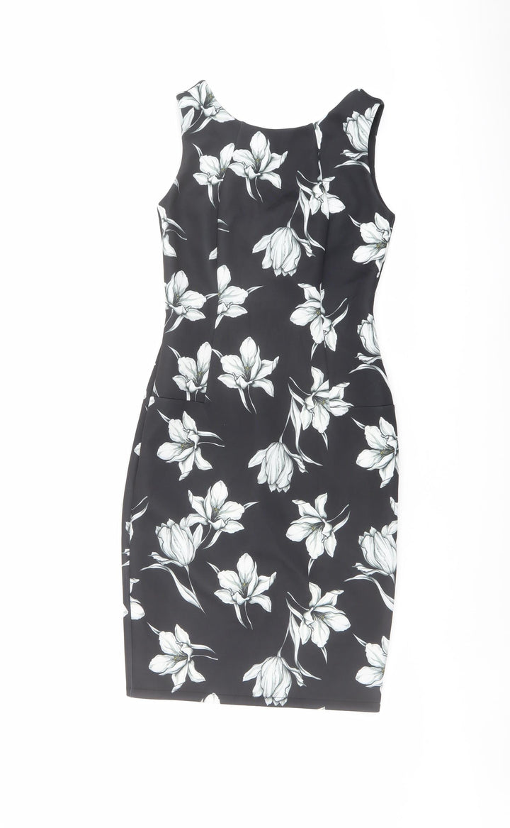 Marks and Spencer Womens Black Floral Polyester Shift Size 8 Round Neck Zip