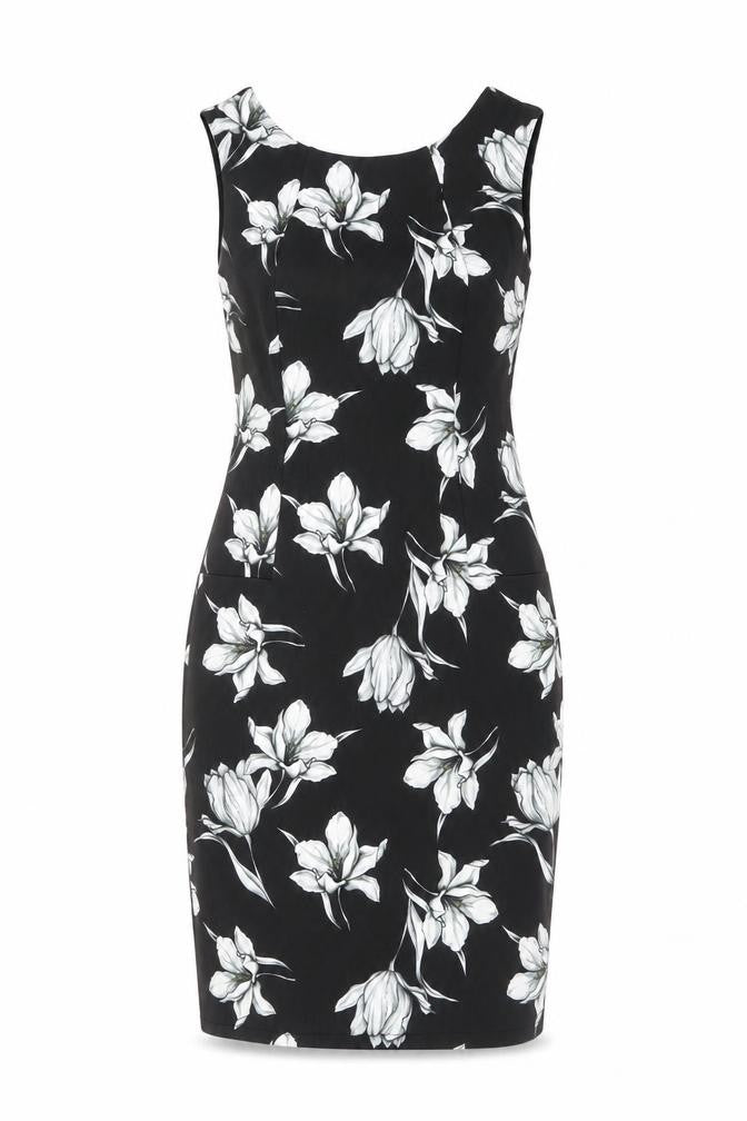 Front view of Marks & Spencer women’s black floral polyester shift, size UK 8, round neck zip