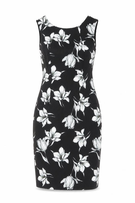 Front view of Marks & Spencer women’s black floral polyester shift, size UK 8, round neck zip