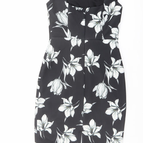 Marks and Spencer Womens Black Floral Polyester Shift Size 8 Round Neck Zip