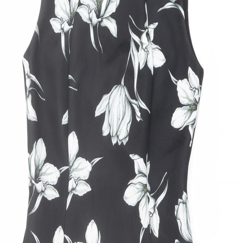 Marks and Spencer Womens Black Floral Polyester Shift Size 8 Round Neck Zip