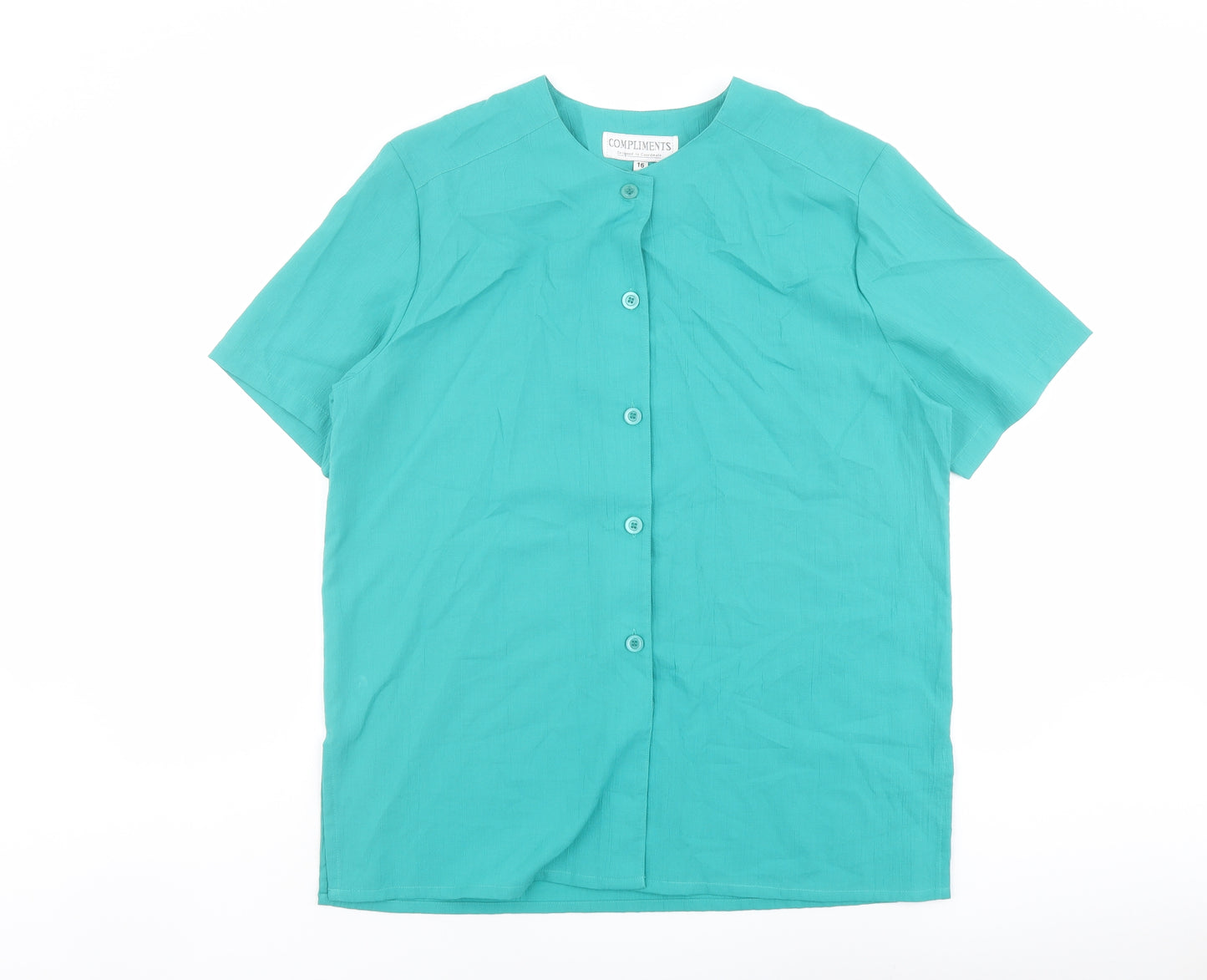 Compliments Womens Green Polyester Basic Button-Up Size 16 Round Neck
