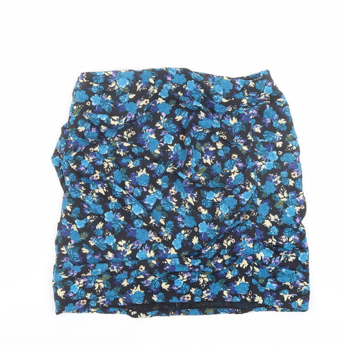 Zara Womens Blue Floral Polyester A-Line Skirt Size S Zip