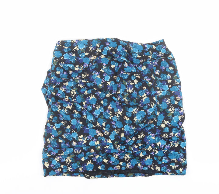 Zara Womens Blue Floral Polyester A-Line Skirt Size S Zip