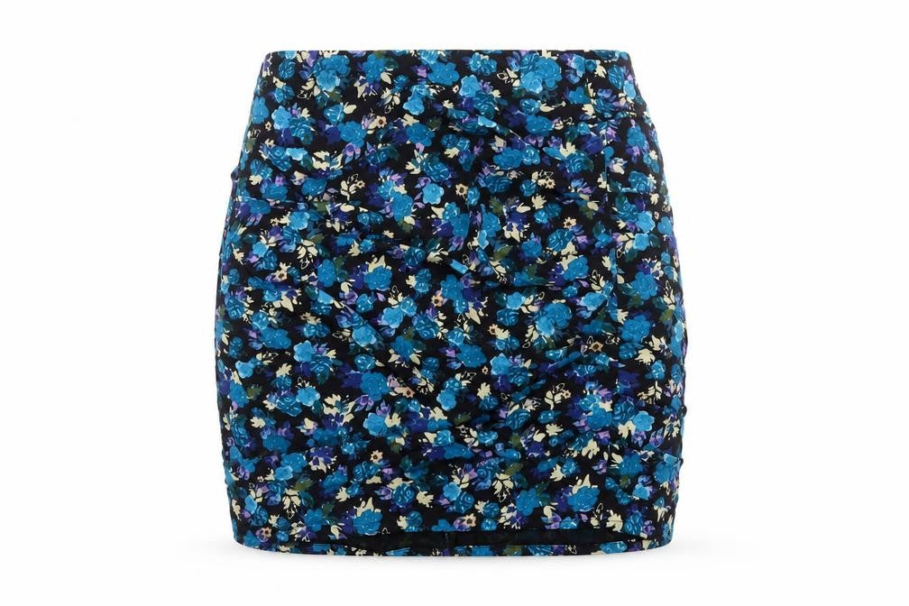 Front view of Zara women’s blue floral polyester a-line skirt, size S, zip