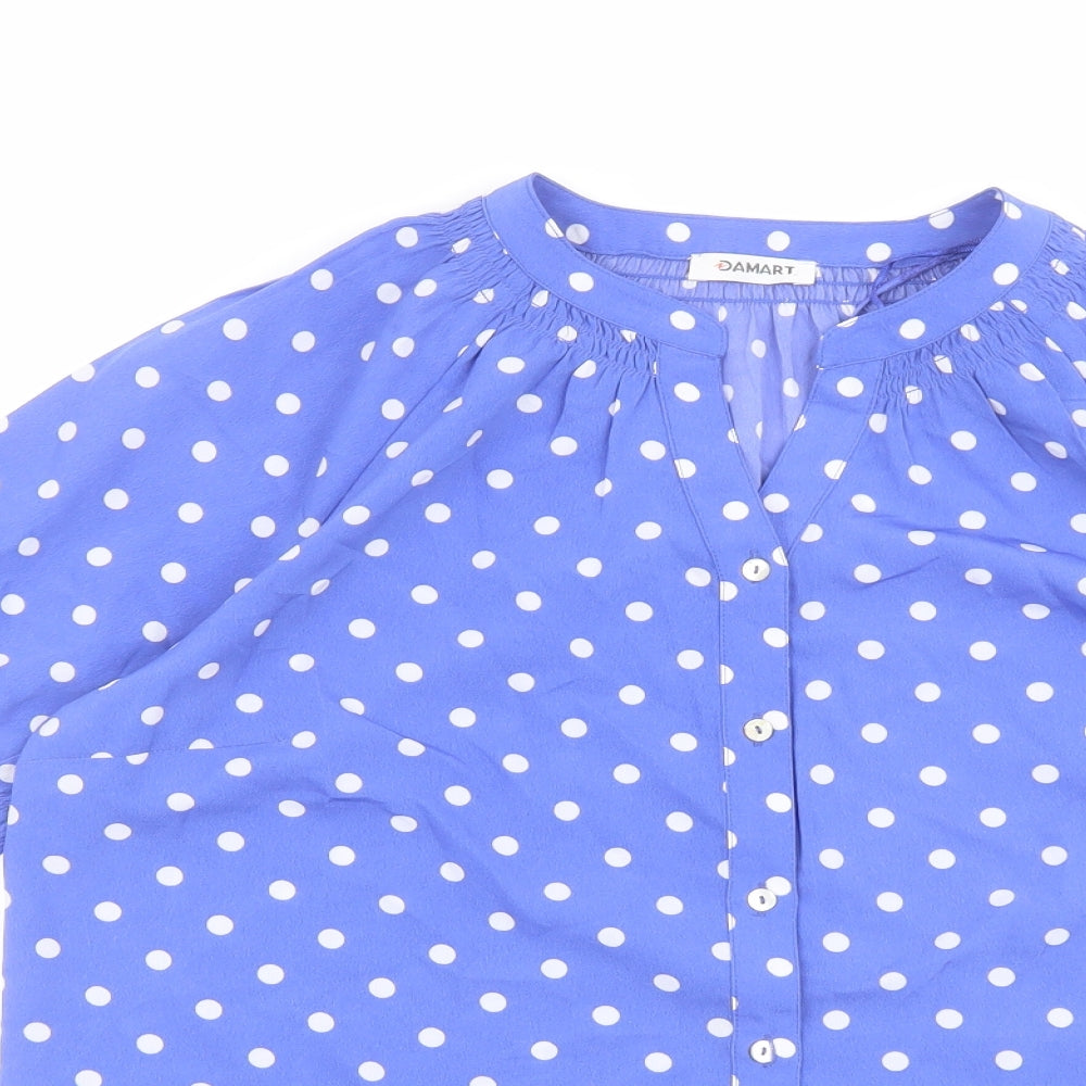 Damart Womens Blue Polka Dot Polyester Basic Button-Up Size 12 V-Neck