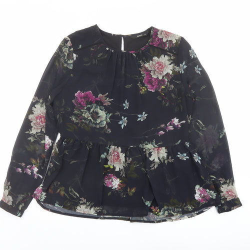 Only Womens Black Floral Polyester Basic Blouse Size 8 Round Neck