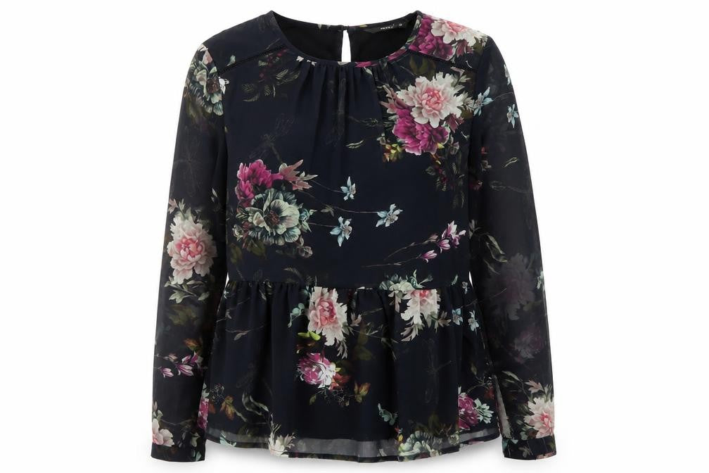 Front view of Only women’s black floral polyester basic blouse, size UK 8, round neck