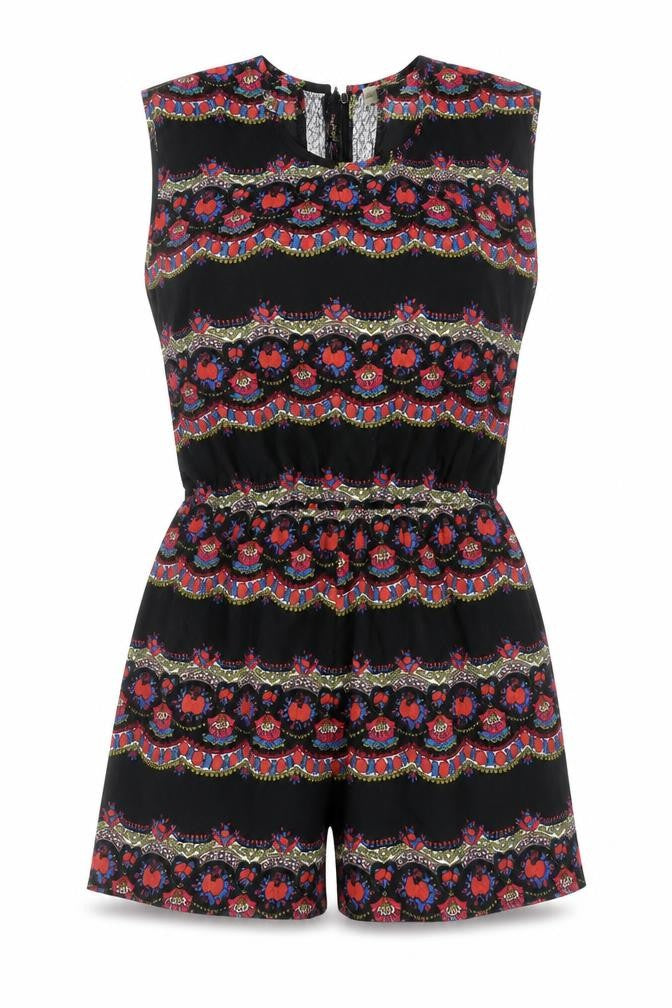 Front view of Staring at Stars women’s black geometric polyester playsuit one-piece, size S, zip