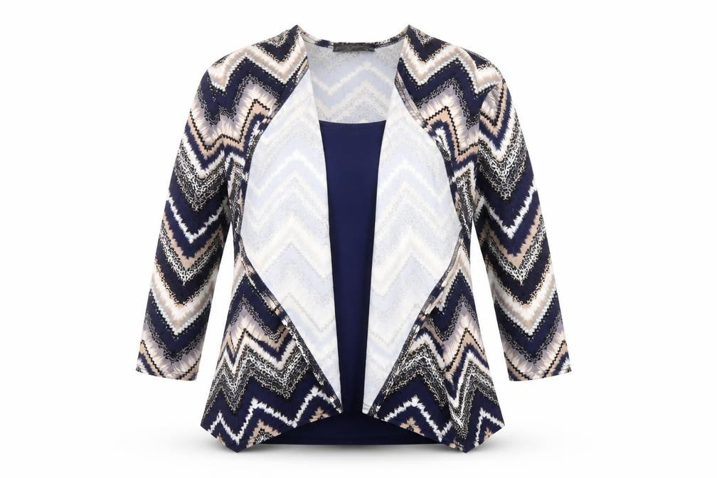 Front view of Just Elegance women’s multicoloured geometric viscose basic blouse, size UK 14, round neck - layered top