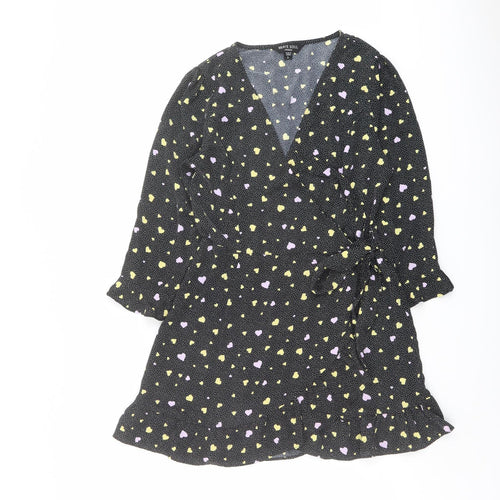 Brave Soul Womens Black Geometric Polyester Wrap Dress Size S V-Neck Tie - Heart pattern