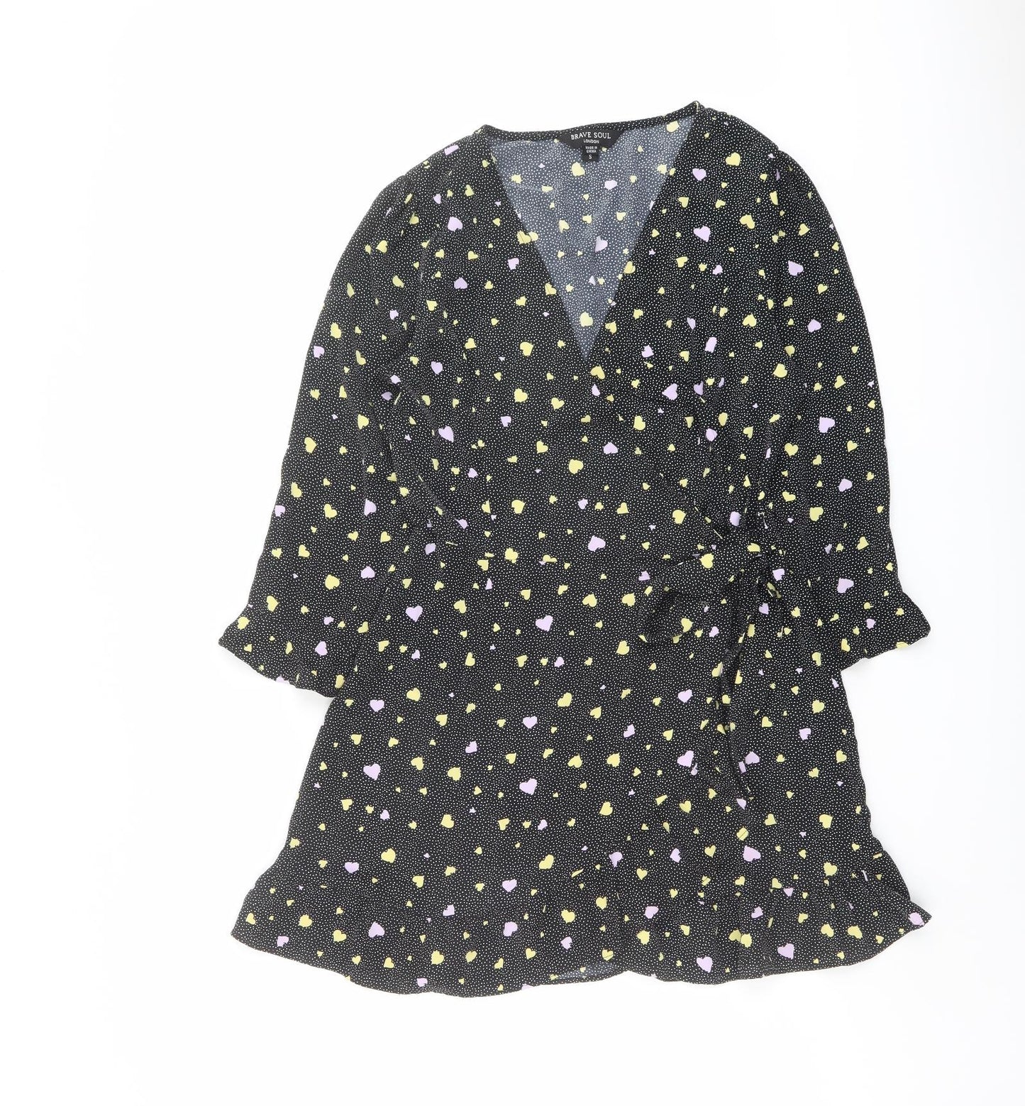 Brave Soul Womens Black Geometric Polyester Wrap Dress Size S V-Neck Tie - Heart pattern