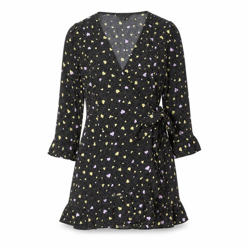 Brave Soul Womens Black Geometric Polyester Wrap Dress Size S V-Neck Tie - Heart pattern