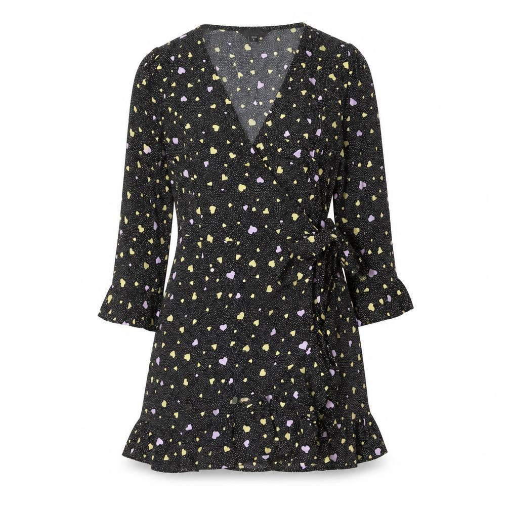Brave Soul Womens Black Geometric Polyester Wrap Dress Size S V-Neck Tie - Heart pattern