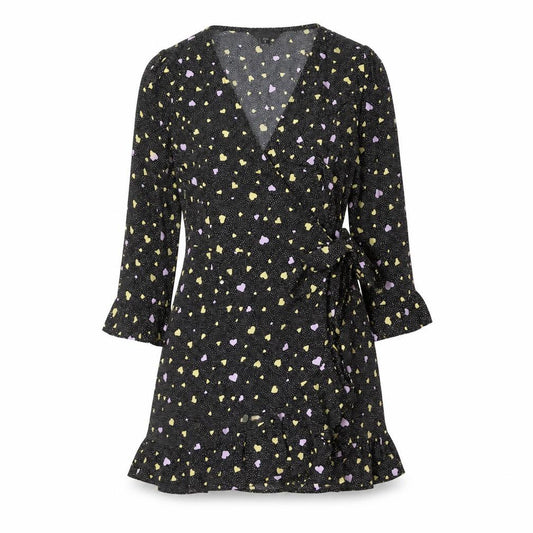 Front view of Brave Soul women’s black geometric polyester wrap dress, size S, v-neck tie - heart pattern