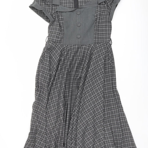 Voodoo Vixen Womens Grey Plaid Polyester Trapeze & Swing Size 14 Collared Zip