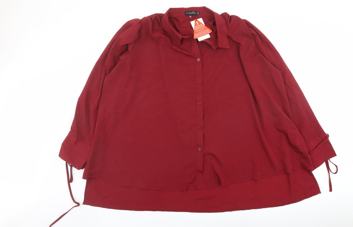 In the Style Womens Red Polyester Basic Button-Up Size 18 Collared - Tie Sleeve Detail