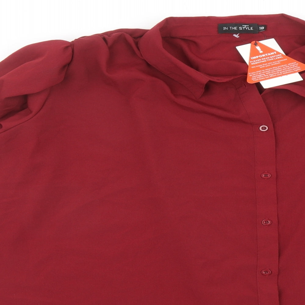 In the Style Womens Red Polyester Basic Button-Up Size 18 Collared - Tie Sleeve Detail
