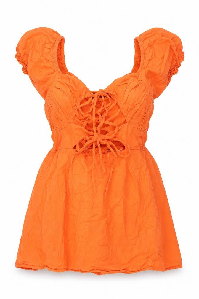 Front view of PRETTYLITTLETHING women’s orange viscose basic blouse, size UK 6, scoop neck