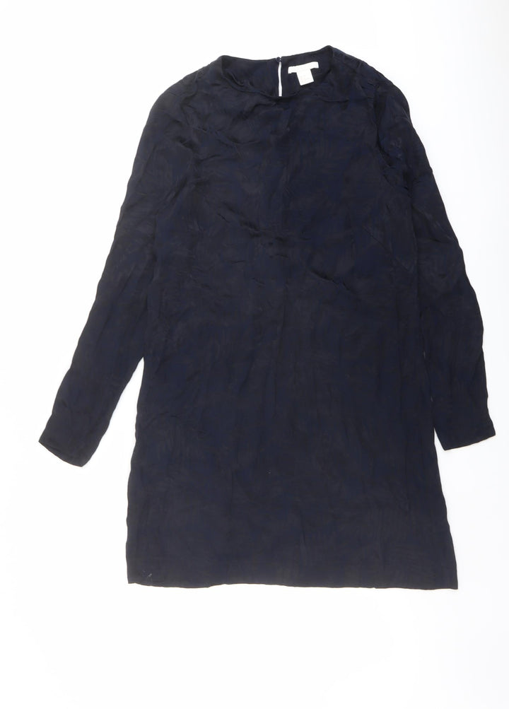 H&M Womens Blue Geometric Viscose A-Line Size 10 Round Neck Button