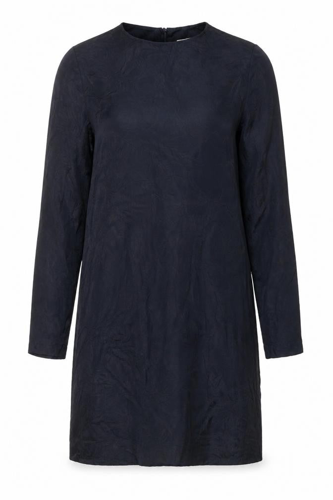 Front view of H&M women’s blue geometric viscose a-line, size UK 10, round neck button