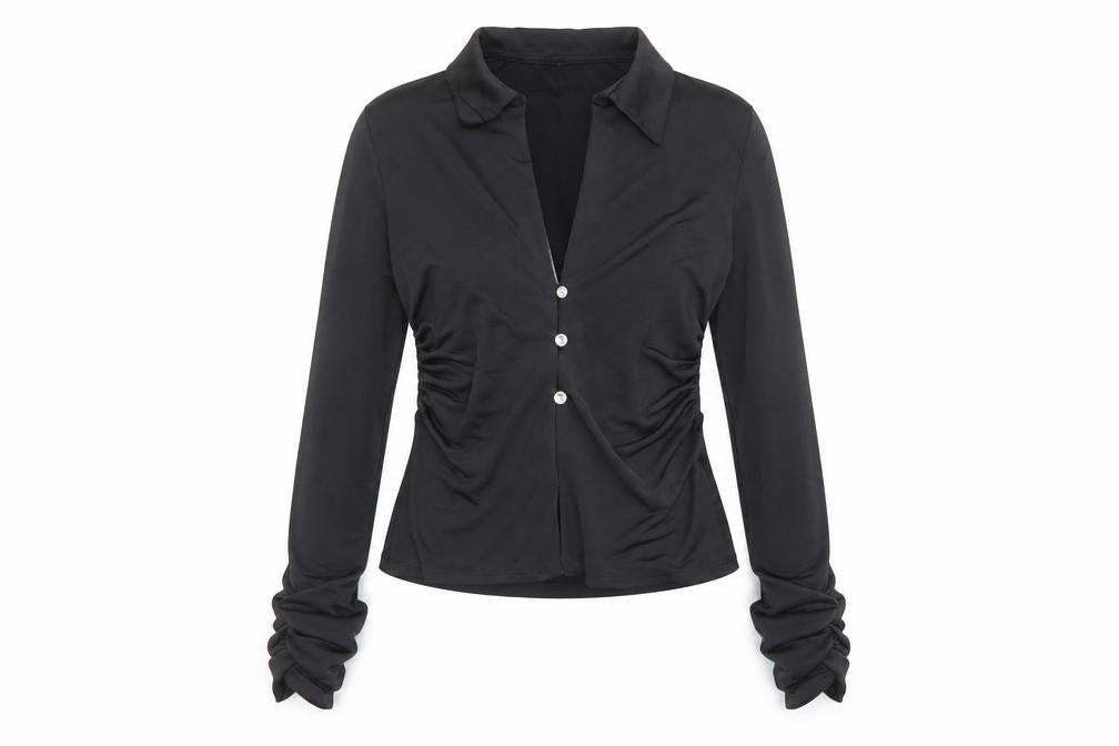 Front view of As You women’s black polyester basic button-up, size UK 10, collared - ruched detail